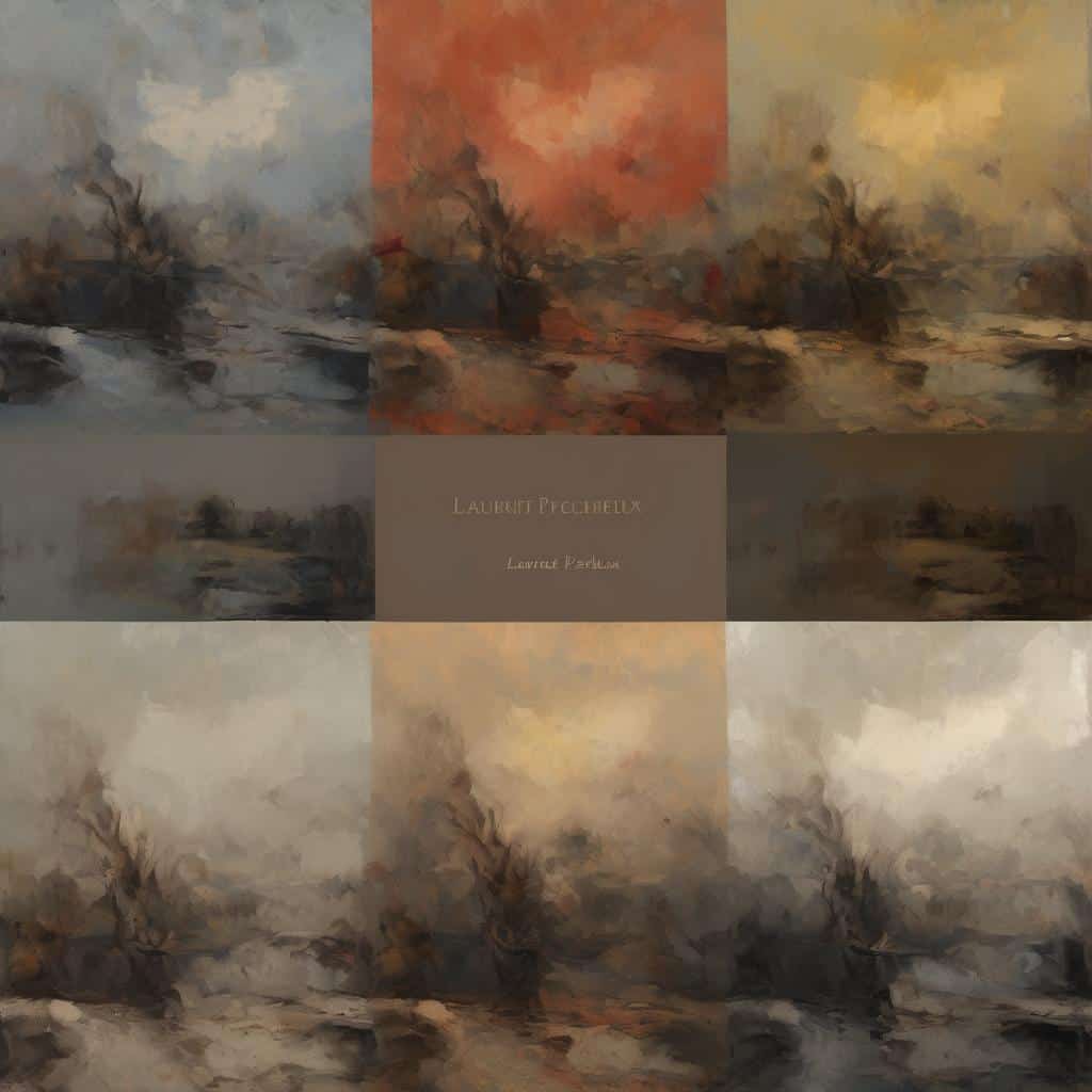 Έργα τέχνης με δημιουργική έκφραση και καλλιτεχνικές φωνές, ζωγραφικές συνθέσεις σε ατμοσφαιρικό ύφος.