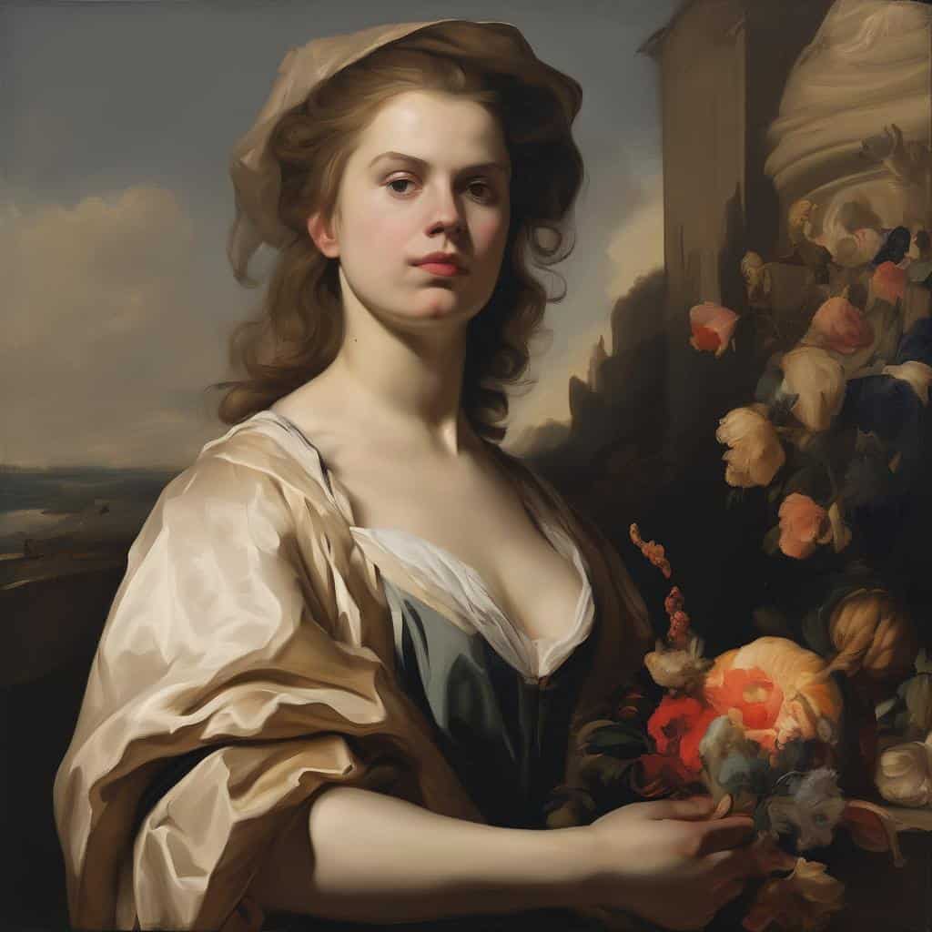 Καλλιτεχνικές Φωνές και Δημιουργική Έκφραση, πορτρέτο γυναίκας με λουλούδια σε κλασικό ζωγραφικό στυλ.