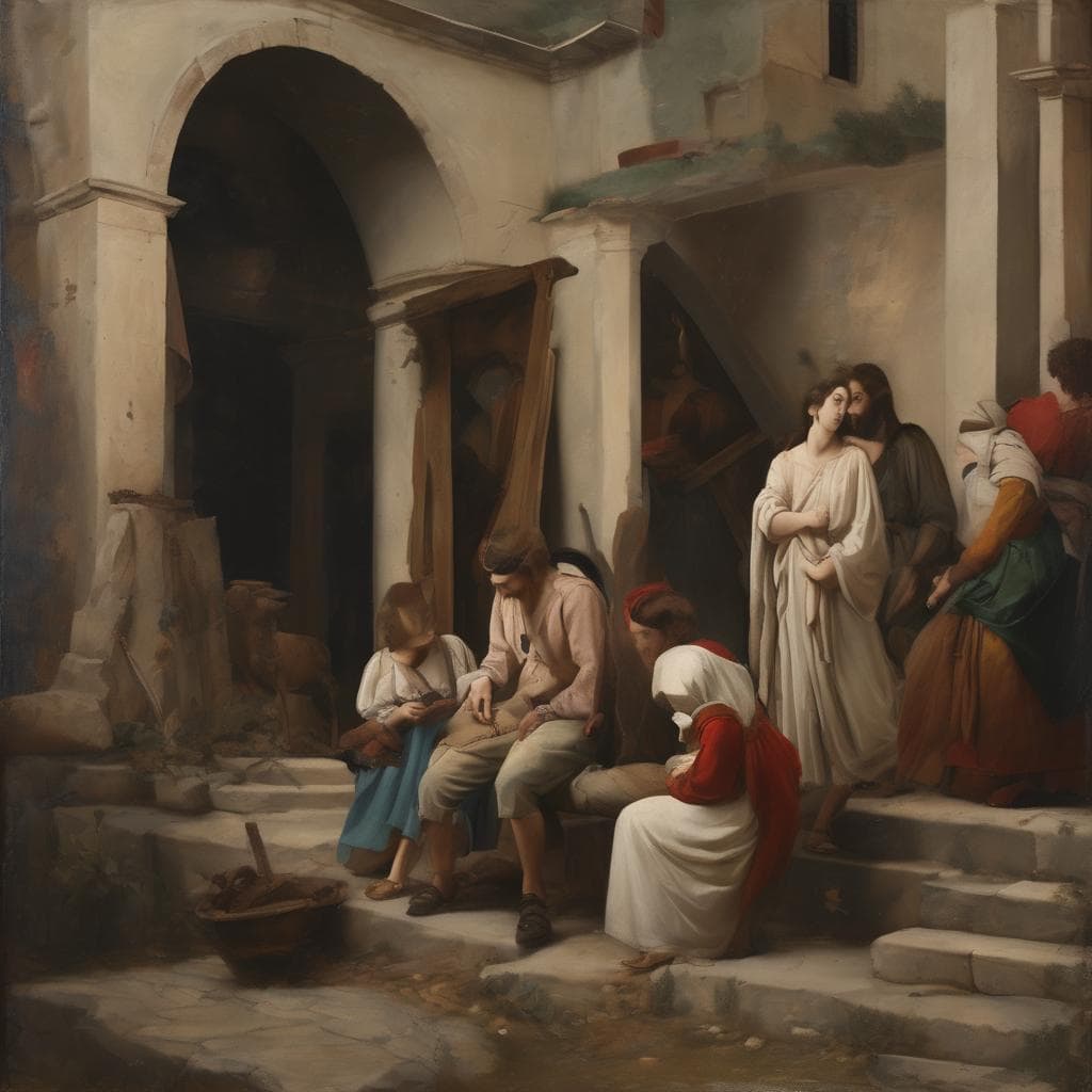 Καλλιτεχνικές Φωνές και Δημιουργική Έκφραση σε έργο τέχνης με ανθρώπους σε αρχαία πόλη, εκφραστική και δημιουργική εικαστική σύνθεση.