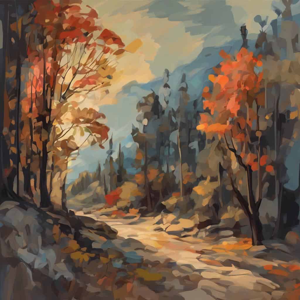Ζωγραφική τοπίο με δέντρα σε φθινοπωρινά χρώματα, δημιουργική τέχνη και έκφραση.