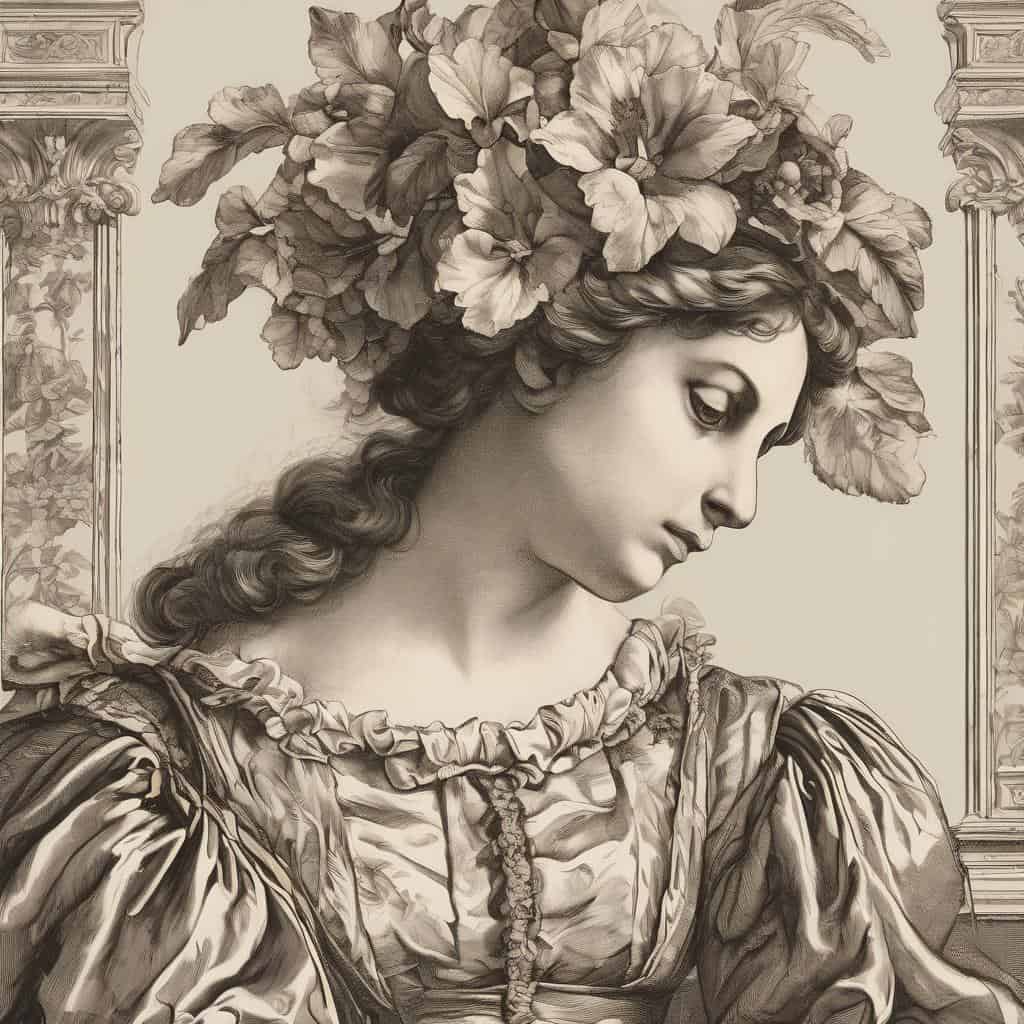 Λατρευτικό πορτραίτο γυναίκας με λουλούδια στο κεφάλι, καλλιτεχνική έκφραση και δημιουργικότητα.